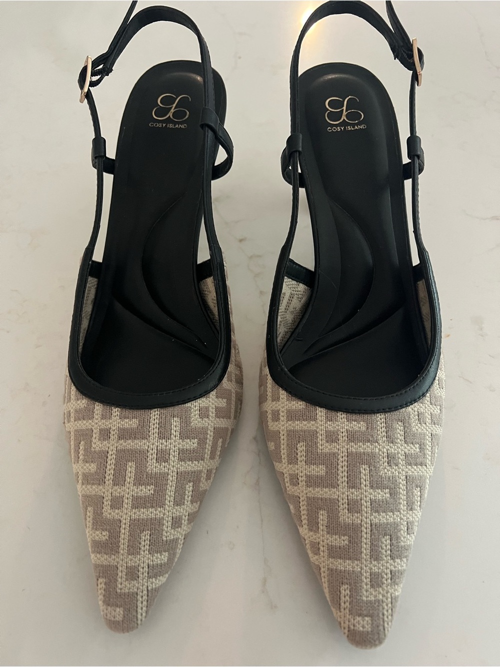 Cozy Island Minimalist Weave Pointed Toe Slingback Pumps Size 8.5 Beige/Black